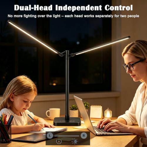 Desk Lamp for Office Home Dual Head 24W Swing Arm Reading Table Lamp Black