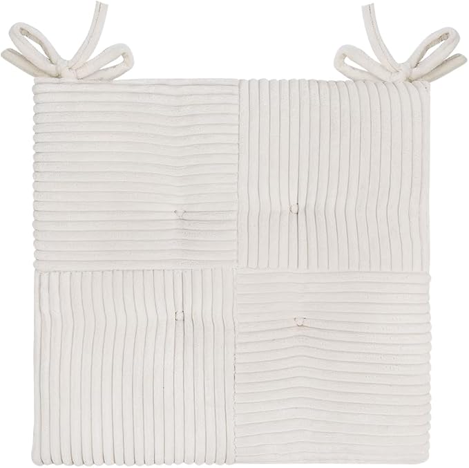 Office Stacking Chair Cushion with Ties, Corduroy High Density Foam Non-Slip Kitchen Seat Cushion, Square 17" x 17" Indoor Dining Chair Pads, White, 1 PCS