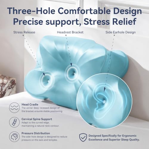 Neck Pillow for Sleeping, Cervical Neck Pillow with 3-Hole Design, Memory Foam Pillow for Side Sleepers, Sleep Pillow for Neck Pain Relief, Gray (1, Blue)
