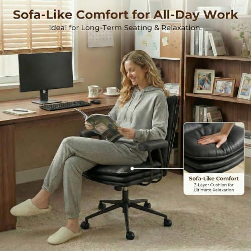 Black Leather Office Chair with Triple-Layer Seat, Home Desk Chair