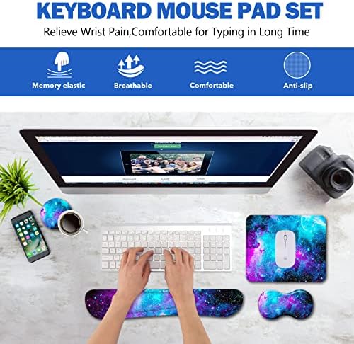 AIMSA Keyboard Wrist Rest Support + Mouse Pad + Mouse Wrist Rest + Coaster, Ergonomic Memory Foam Anti-Slip Rubber Base 4 PCS Set Easy Typing Pain Relief, Galaxy Nebula Universe