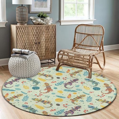 Soft Round Yoga Carpet, Large Home Decor Mat, Non Slip Machine Washable Kitchen Office Circle Rug Cartoon Lizard, 60inch