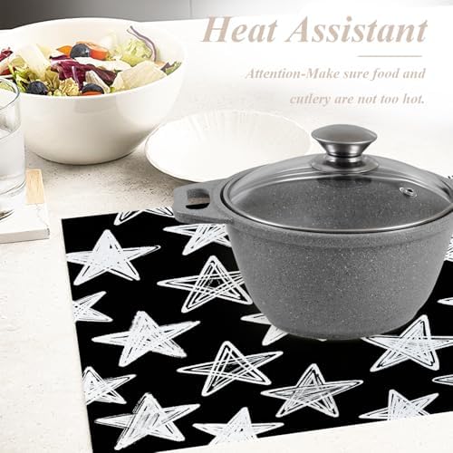 Shrahala Black White Set of 6 12 X 18 Inch Linen Placemats, Chalkboard Pattern Stars Burlap Table Mat Washable Double Layered Heat Insulation for Indoor/Outdoor
