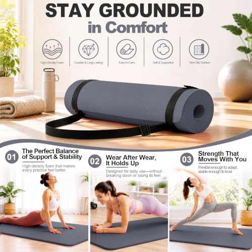 HULKFIT High Density Non Slip Yoga Mat, Extra Thick Exercise Mat with Carrying Strap, for Pilates, Fitness, Home Gym & Floor Workouts - Multiple Thickness & Multiple Color