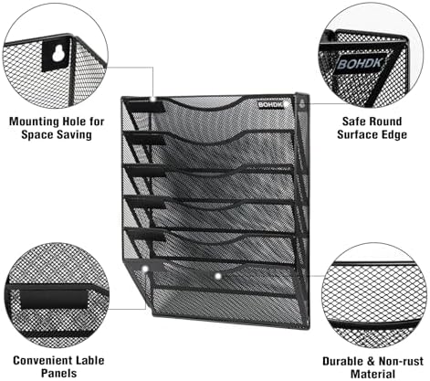 BOHDK Wall File Organizer, 6 Tier Hanging File Folder Mail Organizer, Vertical Mesh Metal Wall Mount Hanging File Holder, Paper Document Magazine Rack for Home Office Black