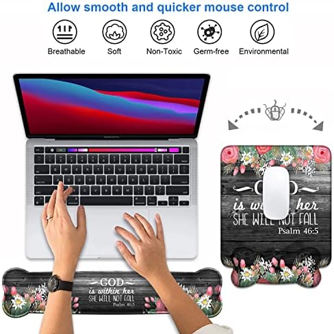 Wrist Rest Support Ergonomic Gel Mouse Pad & Memory Foam Keyboard Set, Non-Slip Rubber PU Base for Home Office Working Studying Easy Typing & Pain Relief - Floral Quote Bible Verses Psalm 46:5