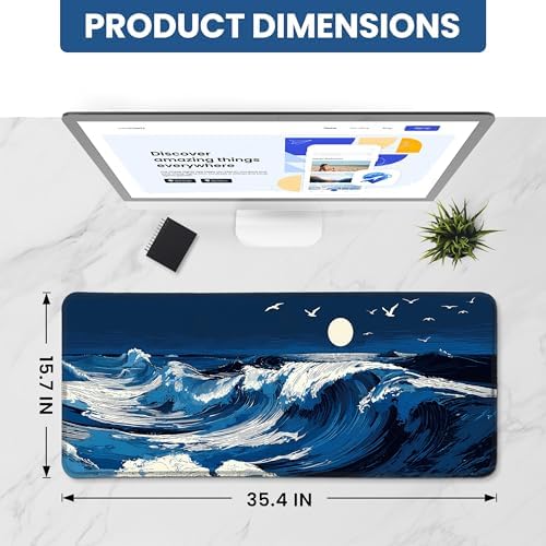 Aesthetic Desk Mat, Cute Moonlit Waves Desk Pad Protector for Work & Decor, 35.4" x 15.7", Pretty Non-Slip Extended Mouse Pad for Office or Home