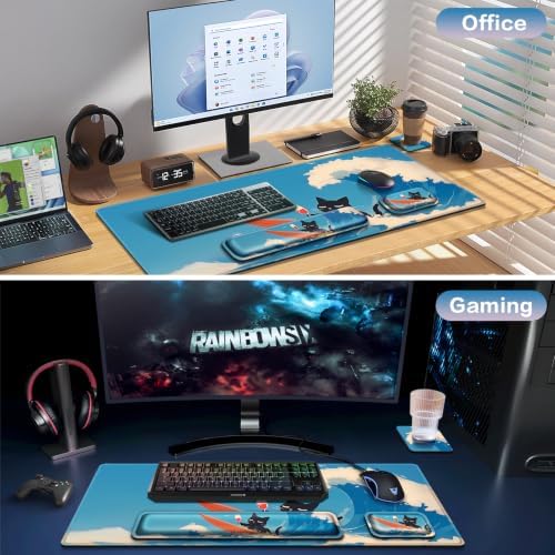 Desk Mat, Large Gaming Mouse Pad with Wrist Rest, 4in1 XXL Mousepad+Keyboard Wrist Rest+Mouse Pad Wrist Support+Cup Coaster Set Ergonomic Computer Desk Arm Wrist for Decor Home Office Women