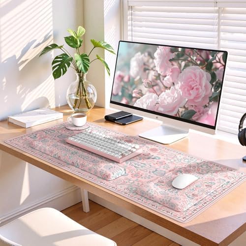 iLeadon Pink Desk Mat Set, Ergonomic Mouse Pad with Wrist Rest