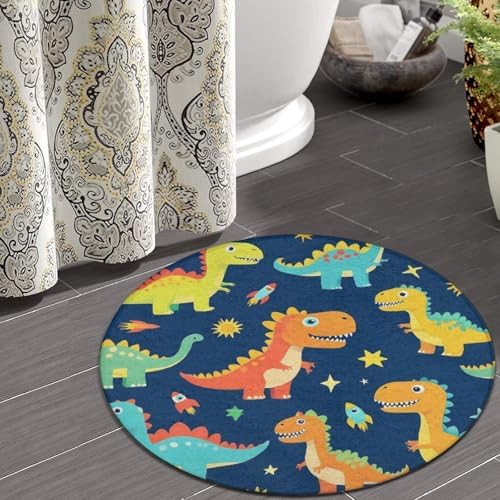 Soft Round Yoga Carpet, Large Home Decor Mat, Non Slip Machine Washable Kitchen Office Circle Rug Dinosaurs