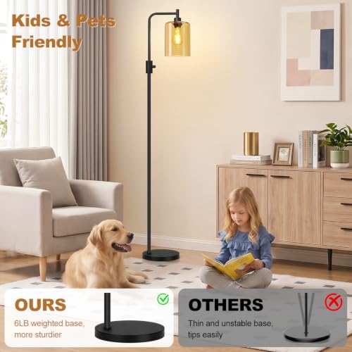 【Upgraded】 Dimmable Floor Lamp for Living Room with Amber Glass Lampshade, Black Modern Glass Floor Lamp with 900LM LED Bulb Included, Arc Standing Tall Lamp for Bedroom, Office, Reading Room, Corner