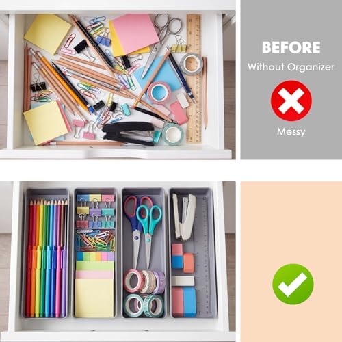 Teling 4 Pcs Grey Plastic Desk Drawer Organizer Pen Tray Shallow