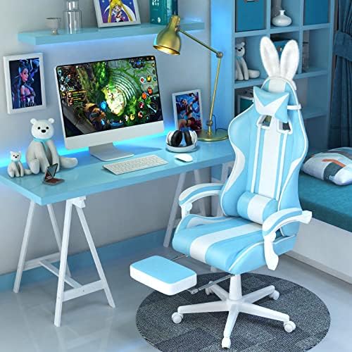 Ferghana Blue Gaming Chair with Bunny Ear, Cute Massage Gaming Chairs for Adults & Teens, Office PC Gamer Chair with Footrest, Kawaii Computer Game Chair for Girls, Racing Reclining Silla Gamer