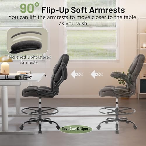 500LBS Drafting Chair, High Back Safer Standing Desk Chair, Executive Tall Office Chair with Flip-up Armrests, Upholstered Fabric Task Chair, Ergonomic Seat with Adjustable Height&Foot Ring, Dark Gray