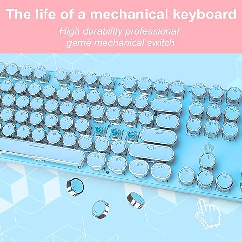 YSCP Typewriter Style Mechanical Gaming Keyboard White Backlit Wired with Blue Switch Retro Round Keycap 104 Keys Keyboard (Blue)