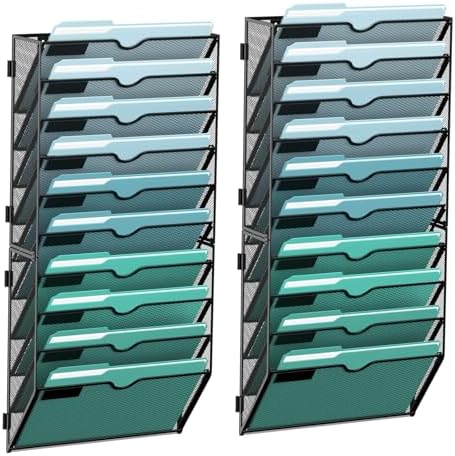 SUPEASY 10-Tier Wall File Organizer, Hanging Wall Files for Papers, Folders, Magazines, Wall Organizer for Clipboard, Assembly Needed, Black, 2 Pack