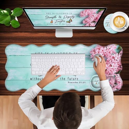Mouse Pad with Wrist Support + Desk Mat + Coaster 3 in 1 Set, XL Large Gaming Mousepad Ergonomic Mouse Pads for Desk Computer Laptop Office,Pink Hyacinth Bible Verse Proverbs 31-25