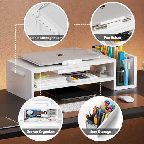 AFOOYO Adjustable Wood Laptop Stand, Ergonomic Height & Angle Computer Riser with Pen Holder – Compatible with MacBook Air/Pro, Dell, HP, Lenovo & 10-17.3" Notebooks – White