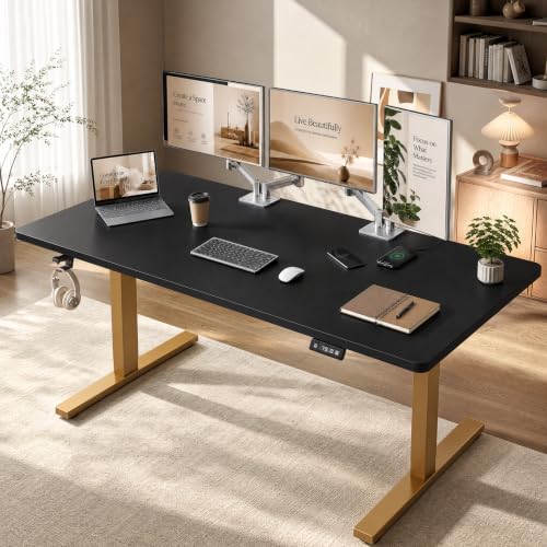Grandder 55x32 Extra-Deep Electric Standing Desk, Wide Desktop Fits 49" Ultrawide Monitor+Dual Screens, 176 lbs Capacity, 2 Memory Presets, Anti Collision, Computer Desk, Black Top&Gold Frame