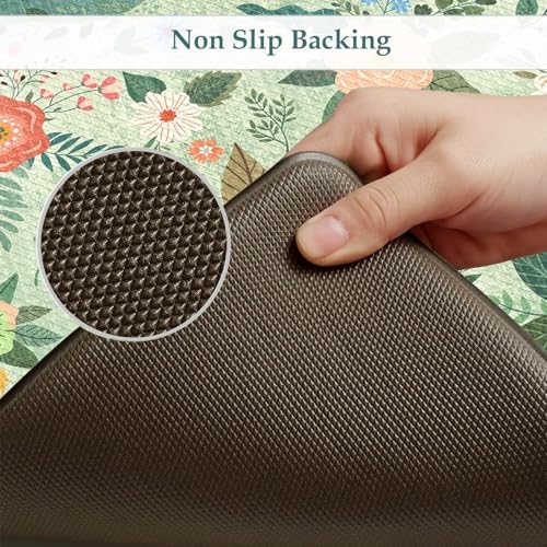KIMODE Kitchen Mats for Floor Cushioned Anti Fatigue, Green Boho Flower Rug