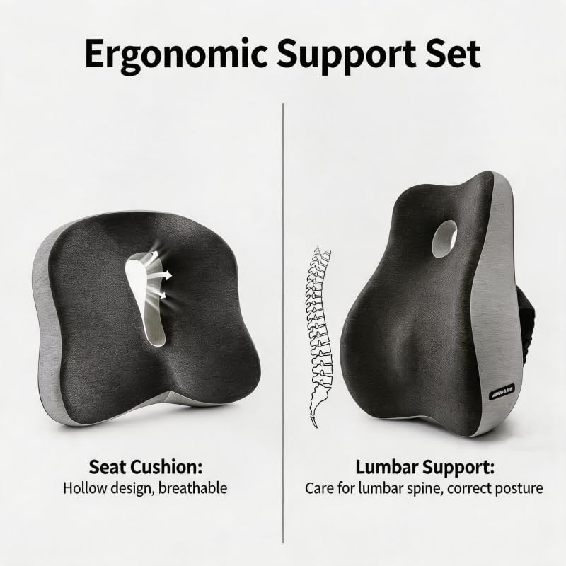 Seat Cushion & Lumbar Support Pillow Set for Office Chair,and Tailbone Discomfort with Lumbar Support Pillow and Seat Cushion - Perfect for Home, and Gaming Chairs Chair Cushion(Light Gray)