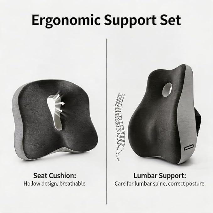 X Large Memory Foam Seat Cushion & Lumbar Support Pillow, Sciatica & Tailbone Pressure Relief Coccyx Cushion for Office Chair, Car, Wheelchair, Home