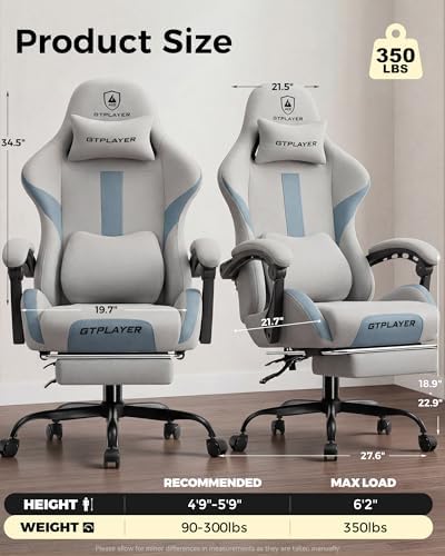 LUCKRACER Big and Tall Gaming Chair, 350Lbs Heavy Duty Office Chairs High Back Computer Chairs with Foot Rest Wide Cushion Lumbar Support Desk Chair Comfy for Adults Breathable Fabric, Light-Grey