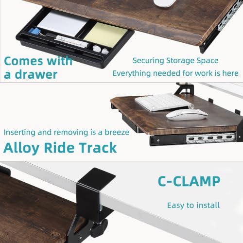 ETHU Keyboard Tray Under Desk with Metal Rail, 26.8x12.2", Walnut