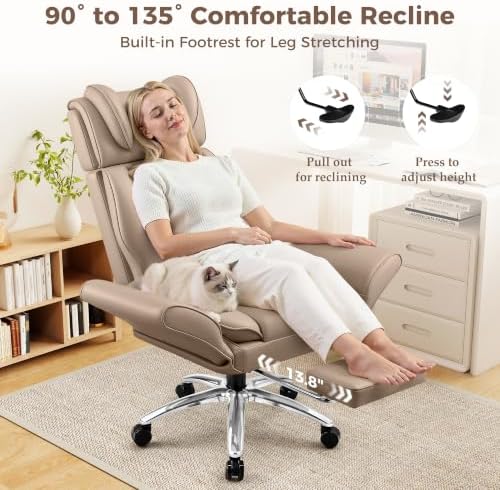 Big and Tall Office Chair, Flip Armrests for Pets & Cross Legged Sitting, Ergonomic Leather Executive Desk Chair with Foot Rest, High-Back Reclining Computer Chairs for Home Office Gaming, Khaki