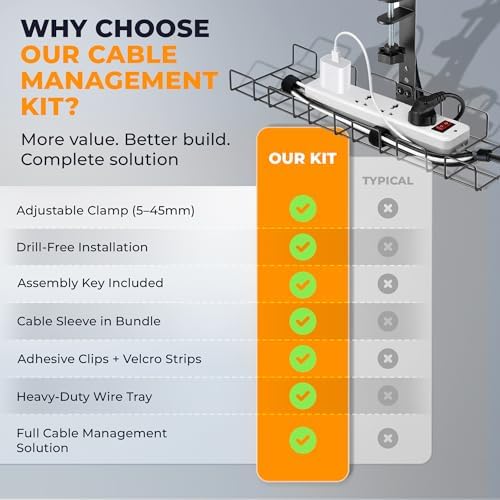 JANEX Under Desk Cable Management Tray Kit, No Drill Clamp-On Cable Organizer for Desk, Wire Cord Management Tray with Cable Sleeve, Cable Clips, Ties & Velcro Strips, Black