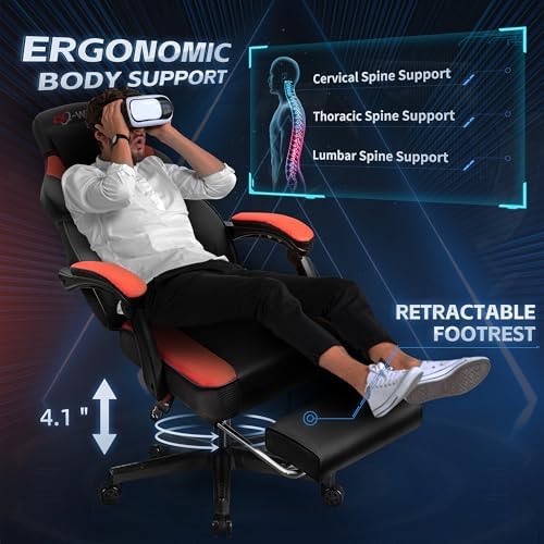 Gaming Chair, Office Chair with Footrest and Lumbar Support, Height Adjustable Game Chair with 360°-Swivel Seat and Headrest and for Office or Gaming (Deep Red)