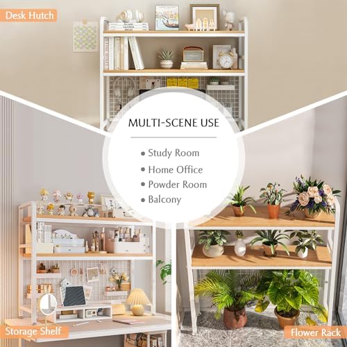 IOTXY 2-Tier Desktop Hutch Bookshelf, Metal Desk Shelf, White, 37.4" W