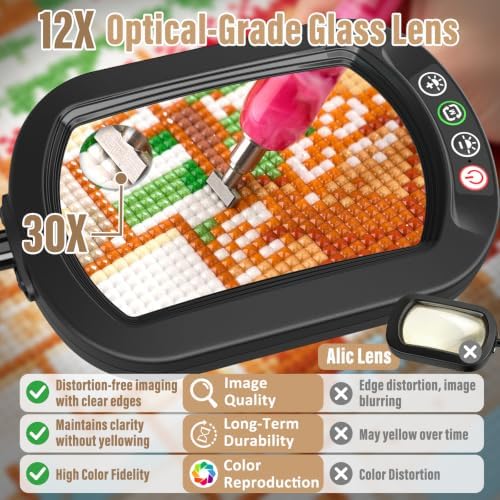 30X 12X Rectangle Magnifying Glass with Light and Stand, Real Glass Lens