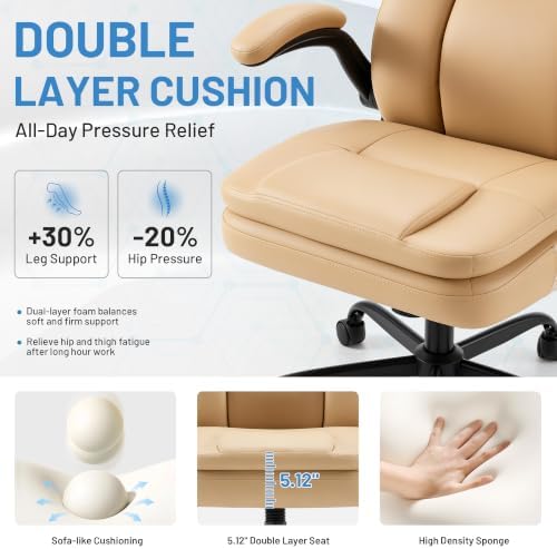 Ergonomic PU Leather Office Chair with Double-Layer Seat Cushion, Adjustable Armrest and Headrest, Reclining Backrest 360° Swivel Rolling Computer Desk Chair for Home Office Gaming Space, Khaki