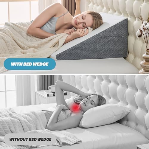 Yojoker Wedge Pillow for Sleeping - Bed Wedge Pillow for Headboard, High Density Foam Triangle Pillow for Elevated Sleeping, Snoring, Post Surgery Support, Back & Leg Elevation, White Grey, 7.5 Inch