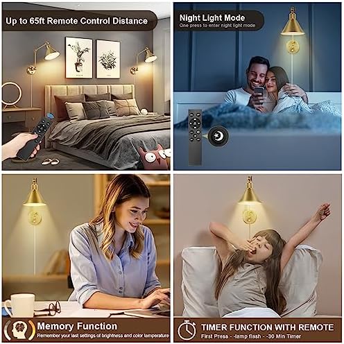TRLIFE Wall Sconce with Remote Control, Brushed Brass Plug in Wall Sconces Dimmable and Adjustable Color Temperature 2700K-6000K, Swing Arm Wall Lights with Plug in Cord, UL Listed(2 Pack, 2 Bulbs)