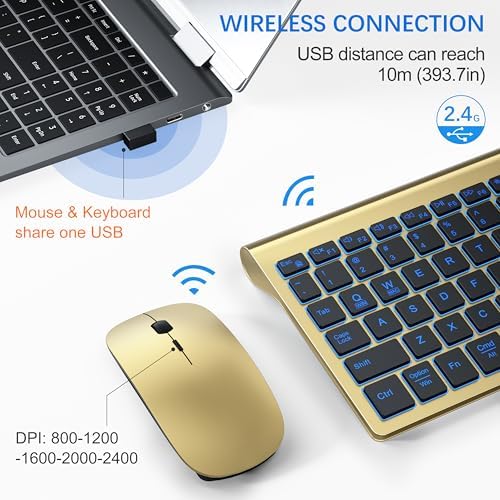Wireless Backlit Keyboard and Mouse Ultra Slim Combo, TopMate - Gold Black
