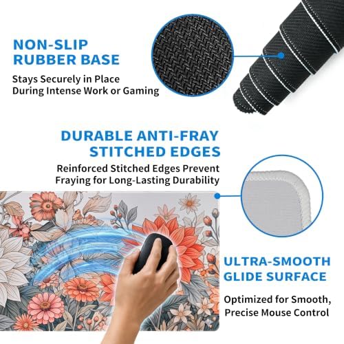 Extended Minimalist Flowers Desk Mat, XXL Large Gaming Mouse Pad, Aesthetic Florals Stitched Edges Waterproof with Non-Slip Rubber Base for Computer Keyboard Laptop Work Home Office 35.4"x15.7"