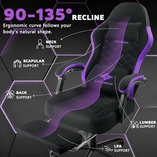 LEMBERI Gaming Chair, Fabric Big and Tall Video Game Chairs with Footrest, Massage Lumbar Support, Racing Style Ergonomic Computer Gamer Chair with Adjustable Headrest (Purple)