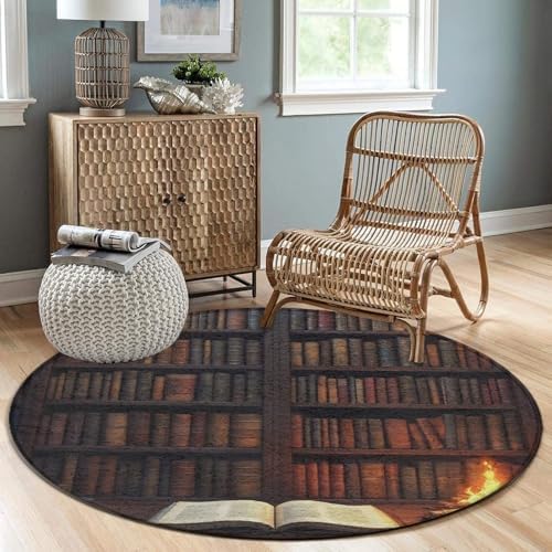 Soft Round Yoga Carpet, Office Chair Decor Round Mat for Carpet and Hardwood Floors Vintage Bookshelf Library Books