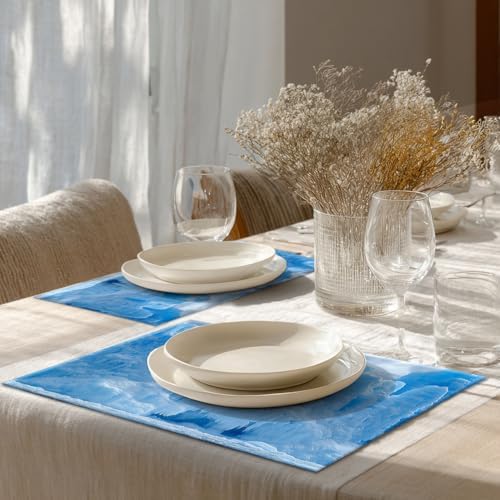 Shrahala Winter Icicle Blue Set of 6 12 X 18 Inch Linen Placemats, White Mist Snow Scene Burlap Table Mat Washable Double Layered Heat Insulation for Indoor/Outdoor