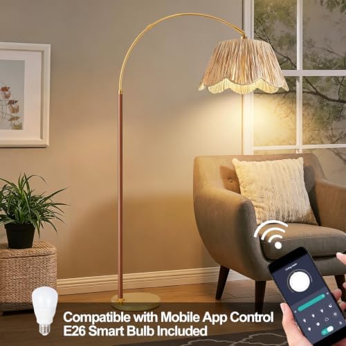 Vintage Arc Floor Lamps for Living Room Farmhouse Wood Floor Lamp with Remote Control,Dimmable Rattan Floor Lamp Boho Standing Lamp with 3 Color Temperature Wicker Tall Floor Lamp for Bedroom Corner