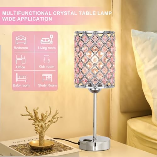 Hong-in Pink Bedside Lamps for Night Stands, Crystal Table Lamp for Bedroom
