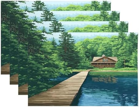 Peaceful Retreat Forest Getaway Linen Placemats, Lakeside Dwelling Wooden Abode Table Mats for Table Washable Heat Insulation Thick Dining Mat, Indoor/Outdoor 12X18 in 4 Pcs