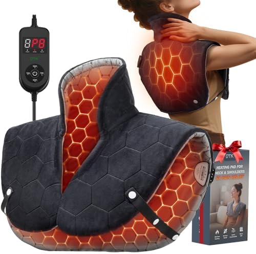 Far Infrared Heating Pad for Neck and Shoulders and Back - 6X Deeper Pain Relief, Graphene 30s Fast Heat, 8 Heat Setting, 16 Timer, Automatic Memory, Weighted Heating Pads Gift for Women&Men (Black)