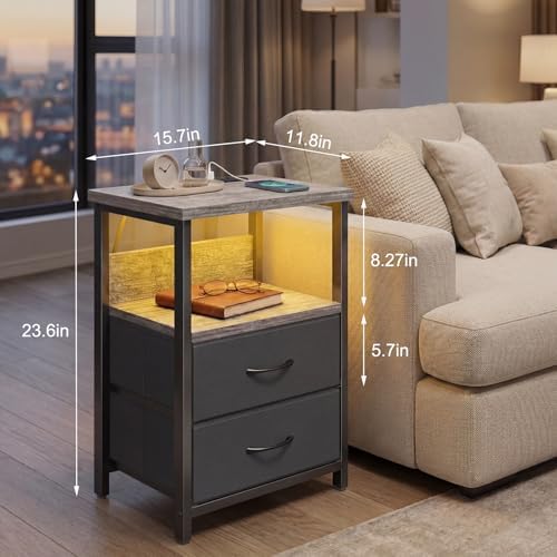 Fixwal Night Stand with Charging Station, Led Nightstand, 2 Fabric Drawers