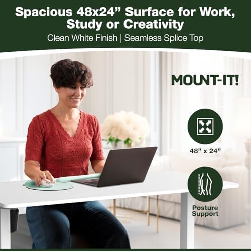 Mount-It! White Standing Desk 48x24 – Electric Height Adjustable Sit to Stand Desk with Memory Presets, Ergonomic Home Office Table, White Frame with White Splice Board Top