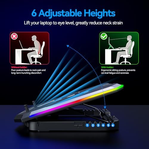 ICE COOREL Gaming Laptop Cooling Pad with 8 Cooling Fans, Laptop Fan Cooler Pad for 15-17.3 Inch, Notebook Cooler Stand with 6 Height Adjustable, RGB Cooling Pad with Two USB Port + Phone Stand