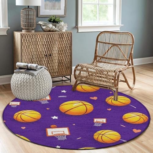 Large Home Decor Mat, Soft Round Yoga Carpet, Non Slip Machine Washable Home Office Circle Rug Basketball Purple