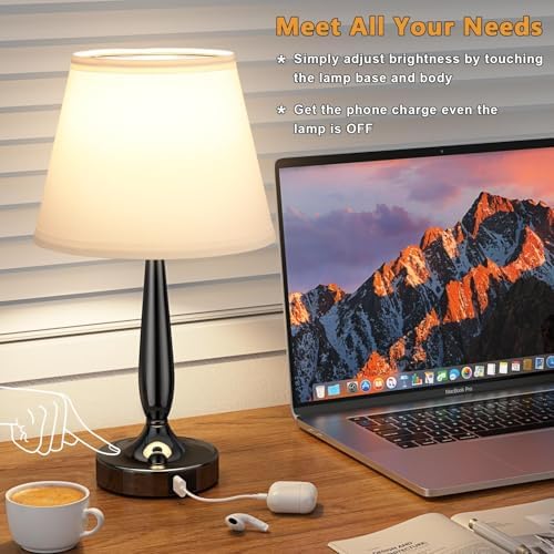 Kakanuo Touch Bedside Lamps for Bedroom Set, Small Touch Table Lamps with 2 USB Charging Ports, 3 Way Dimmable Nightstand Lamps with USB C Port - White (LED Bulb Included)